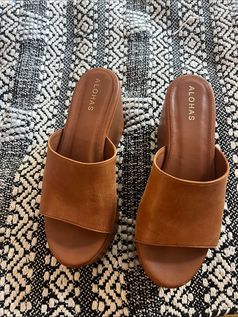 ALOHAS Cognac Brown Leather Slide Wedge Mules